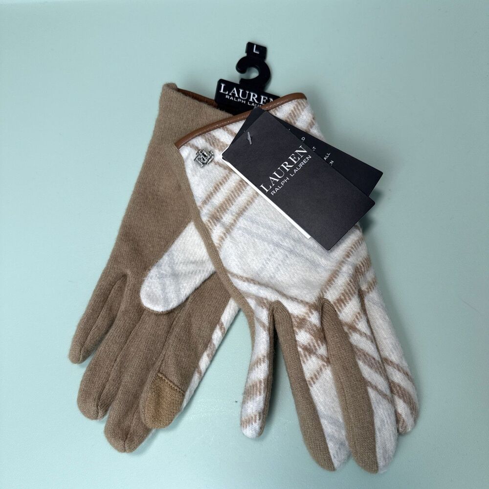 NEW Ralph Lauren Wool Touch Gloves Women L Cream Tan Plaid Old Money Black Label